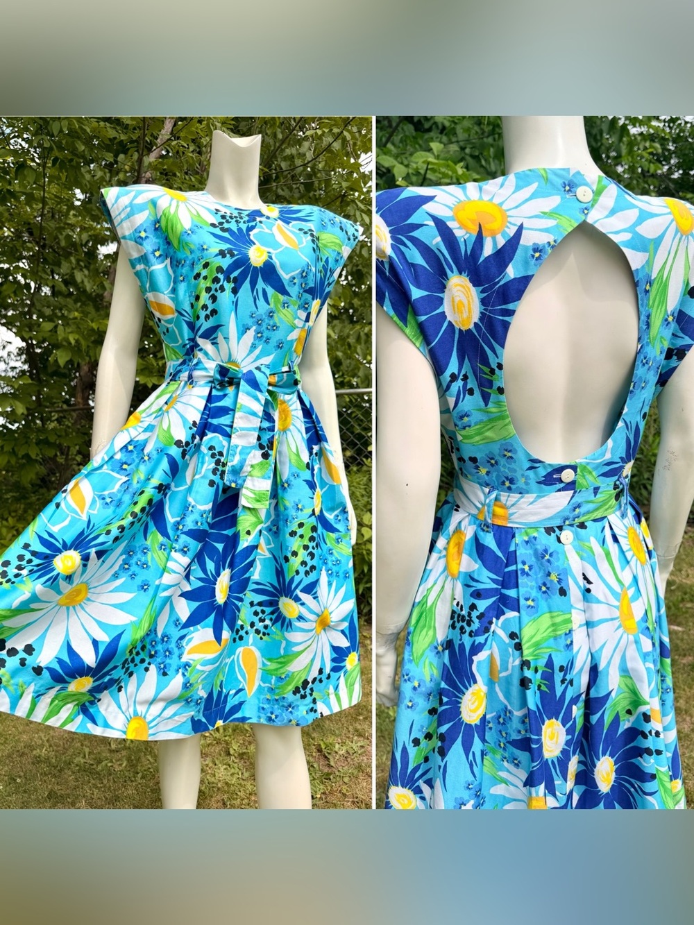 1980s OPEN BACK DRESS Cotton Vintage Daisy Print Novelty 80s does 50s LARGE  XL
